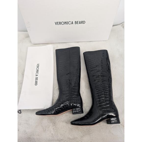 NIB Veronica Beard Cecile Croc-Embossed Tall Boot Wide-Calf Sz US 7M Black - Picture 2 of 13